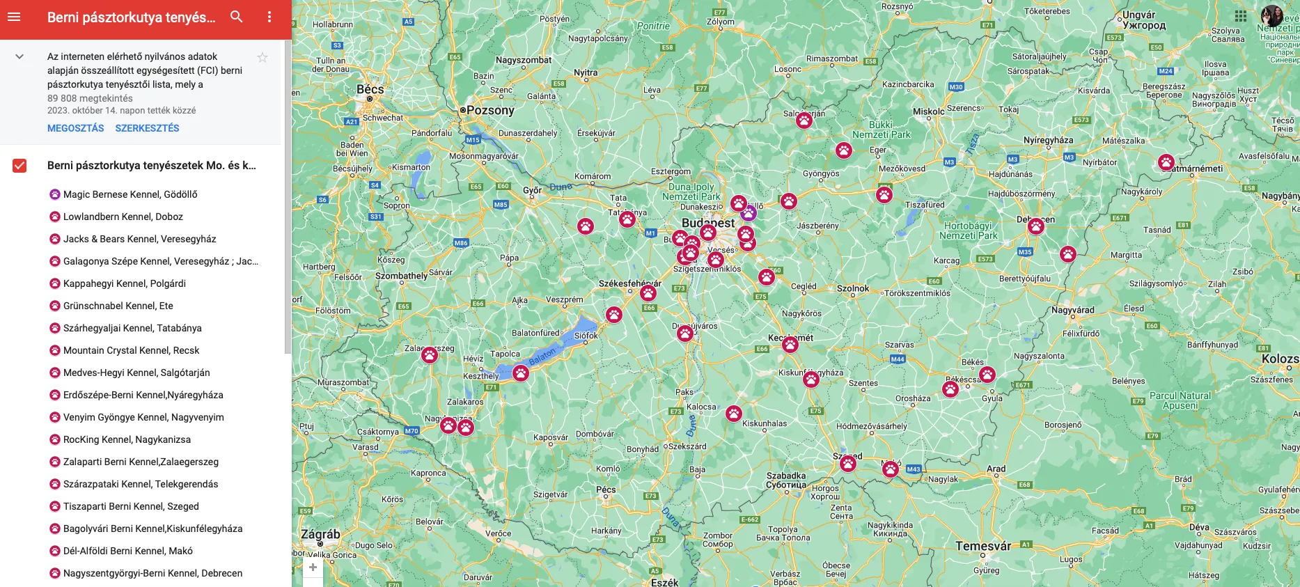 Magyarországi berni tenyészetek térképe
